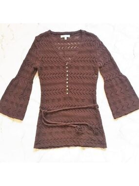 Beth Bowley Crochet Knit Tie Waist Bell Sleeve Sweater Top